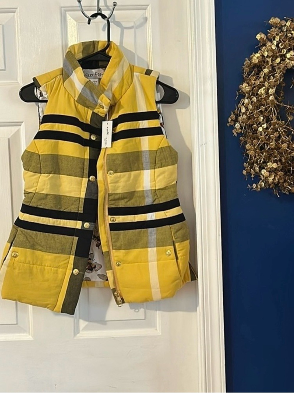 NWT Women’s Dizzy Lizzy Yellow Plaid Butterfly Vest Gold Button Puff Size XS